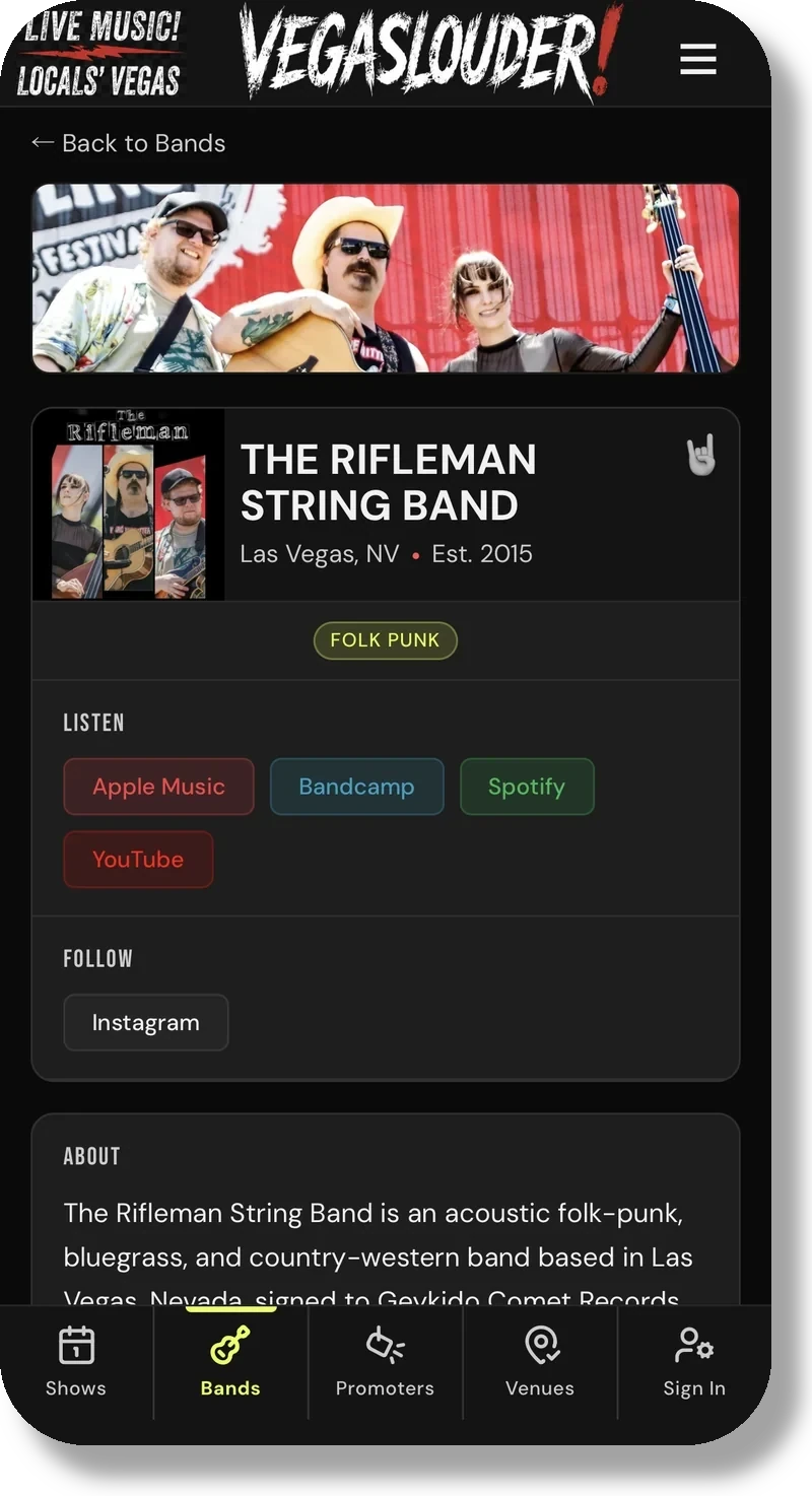 A local band profile in the app